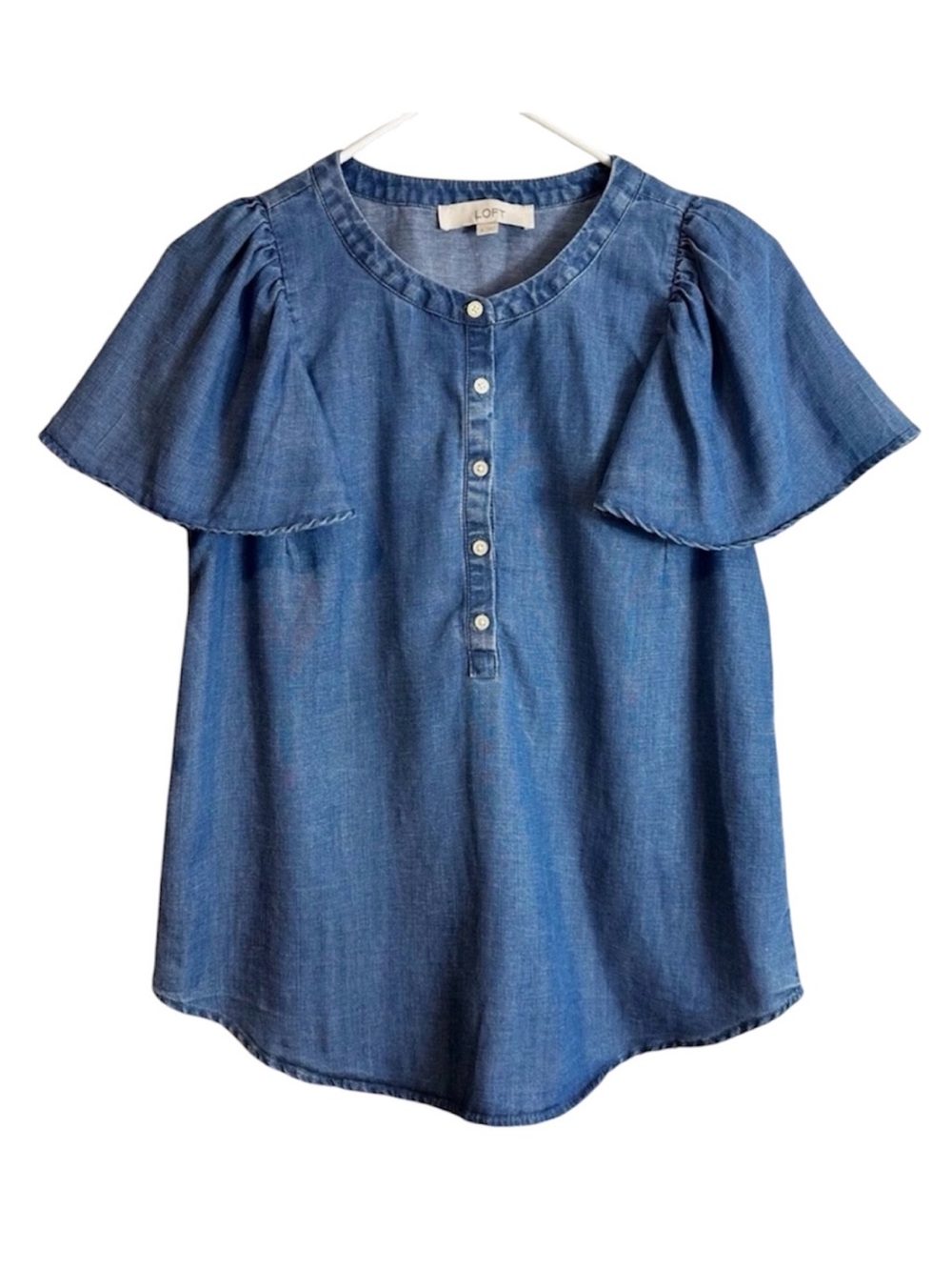 LOFT Chambray Lyocell Linen Blend Flutter Sleeve Blouse